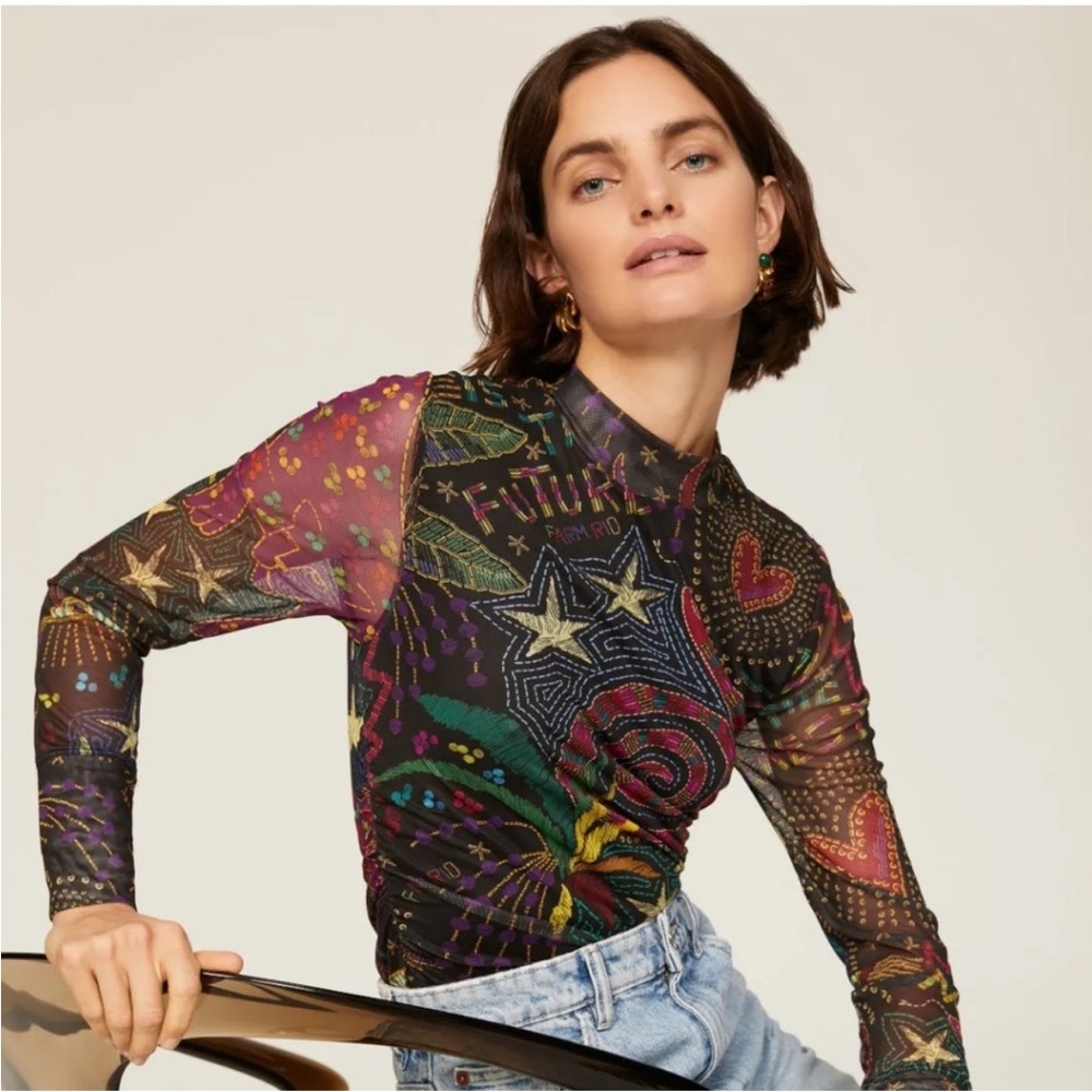 Farm Rio Black Graphic Long Sleeve Top
